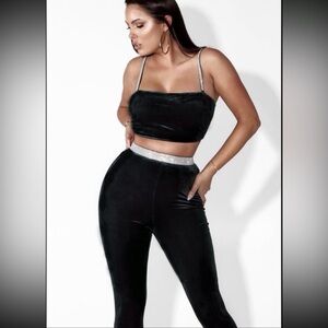Jluxlabel Rhinestone Black Velvet Crop Top and Pant Set